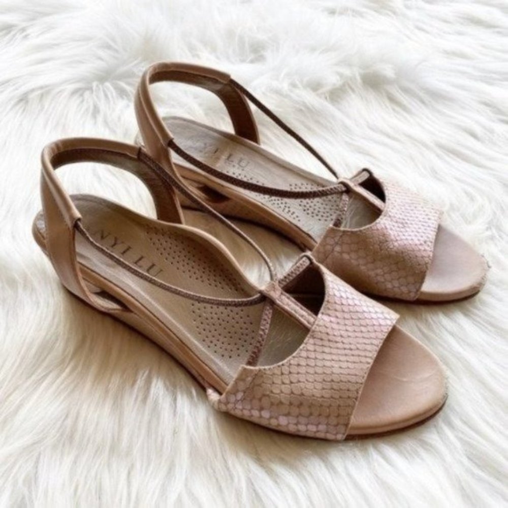 Anyi Lu Slingback Snake Embossed Wedge Sandals 6